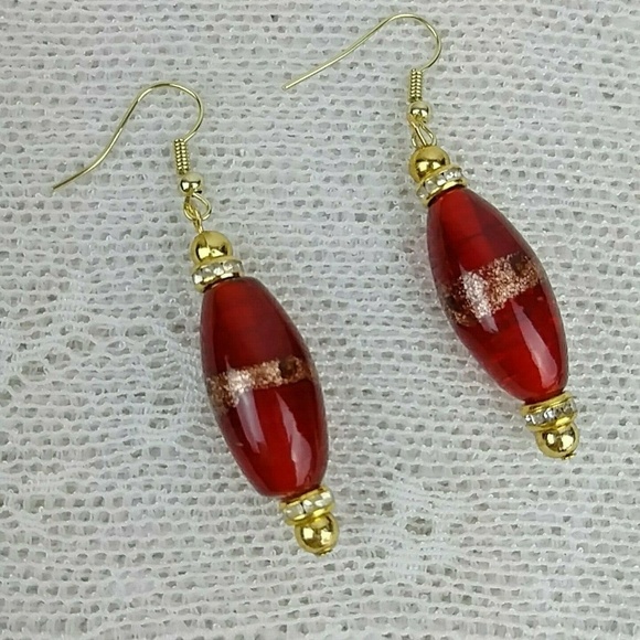 Handmade Jewelry - Earrings Dangle  Large Lampwork Beads Red Gold